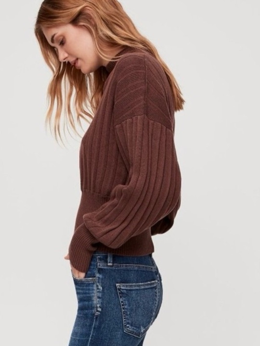 Wilfred Aritiza Icalma Sweater Puff Sleeve Chocolate Brown Merino Wool Cotton